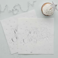 Silver Foiled Merry Christmas Paper Napkin - 33Cm (20Pk)