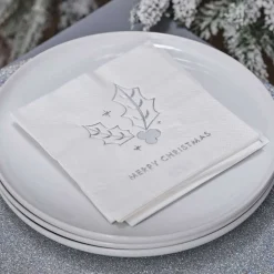 Silver Holly Merry Christmas Paper Napkins - 25Cm (16Pk)