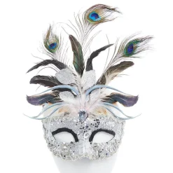 Silver Masquerade Mask With Glitter & Peacock Feathers