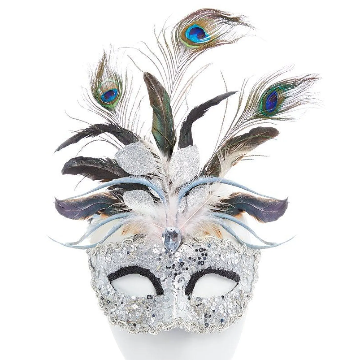 Silver Masquerade Mask With Glitter & Peacock Feathers