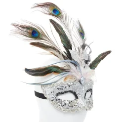 Silver Masquerade Mask With Glitter & Peacock Feathers