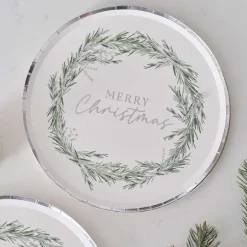 Silver Wreath Merry Christmas Paper Plates - 25Cm (8Pk)