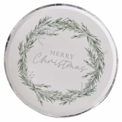 Silver Wreath Merry Christmas Paper Plates - 25Cm (8Pk)