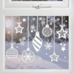 White Bauble, Star & Snowflake Christmas Window Sticker Sheets (3Pk)