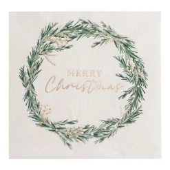 White Merry Christmas Wreath Paper Napkins - 33Cm (16Pk)