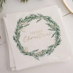 White Merry Christmas Wreath Paper Napkins - 33Cm (16Pk)