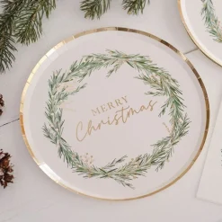 White Merry Christmas Wreath Paper Plates - 24Cm (8Pk)
