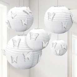 White Paper Lanterns With Butterfly Attachments (5Pk)