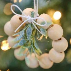 Wooden Beads & Foliage Tree Decorations (4Pk)