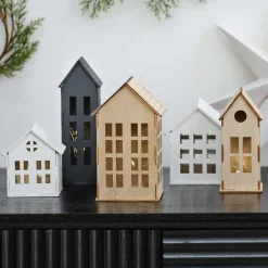 Wooden Light Up Houses Christmas Decorations (5Pk)
