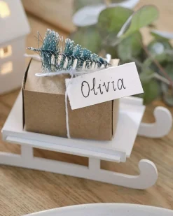 Wooden Sleigh With Gift Box & Tag Place Card Holder (4Pk)